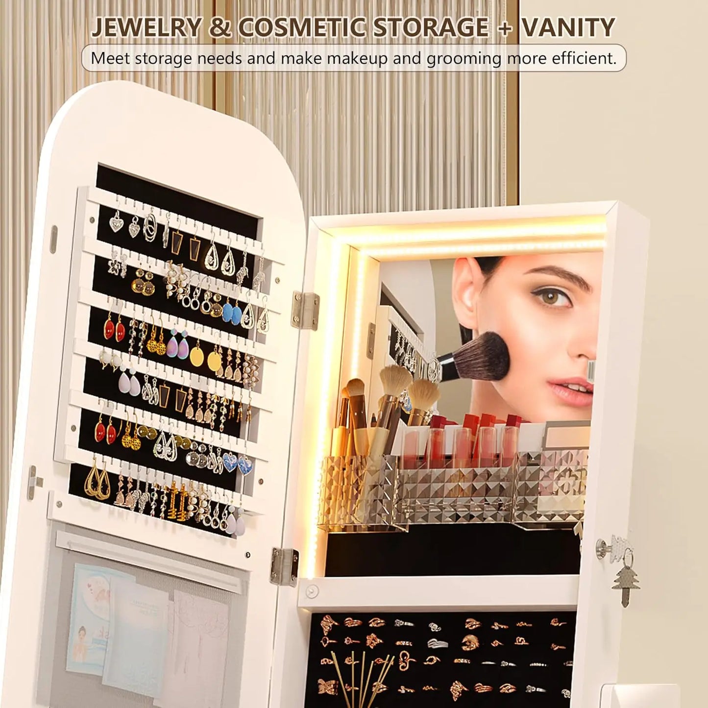 XMSJ 360 Degree Swivel Mirror Jewelry Cabinet Lights