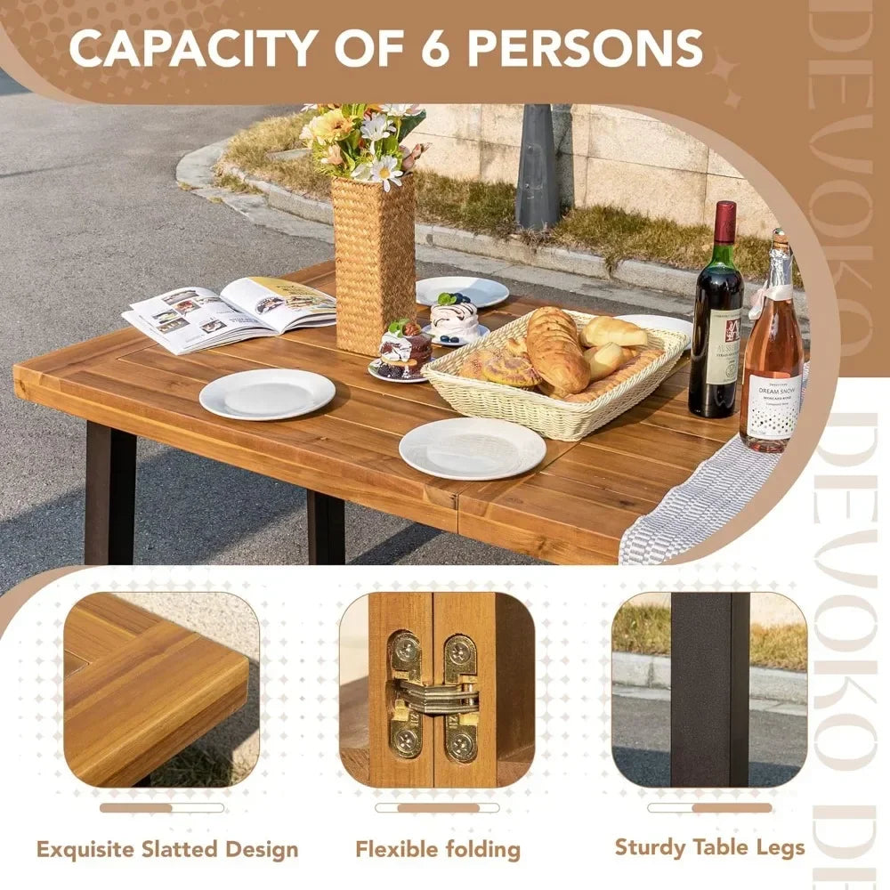 XMSJ Acacia Wood Dining Table Indoor Outdoor With Iron Legs