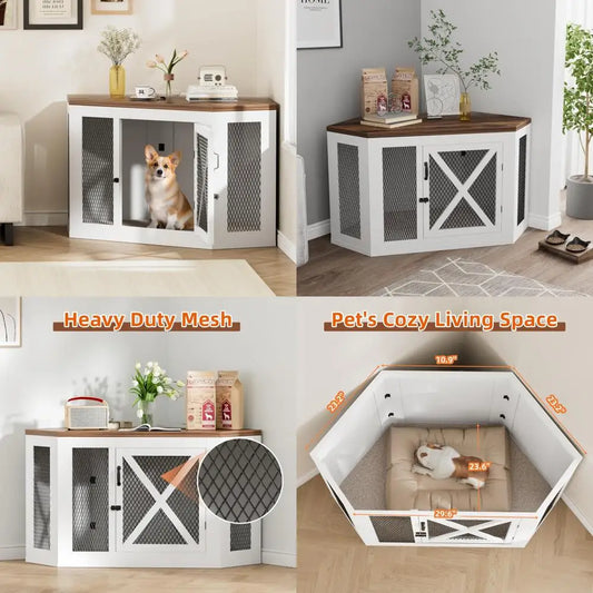 DAFIFY Wooden Corner Dog Crate End Table With Mesh Kennel