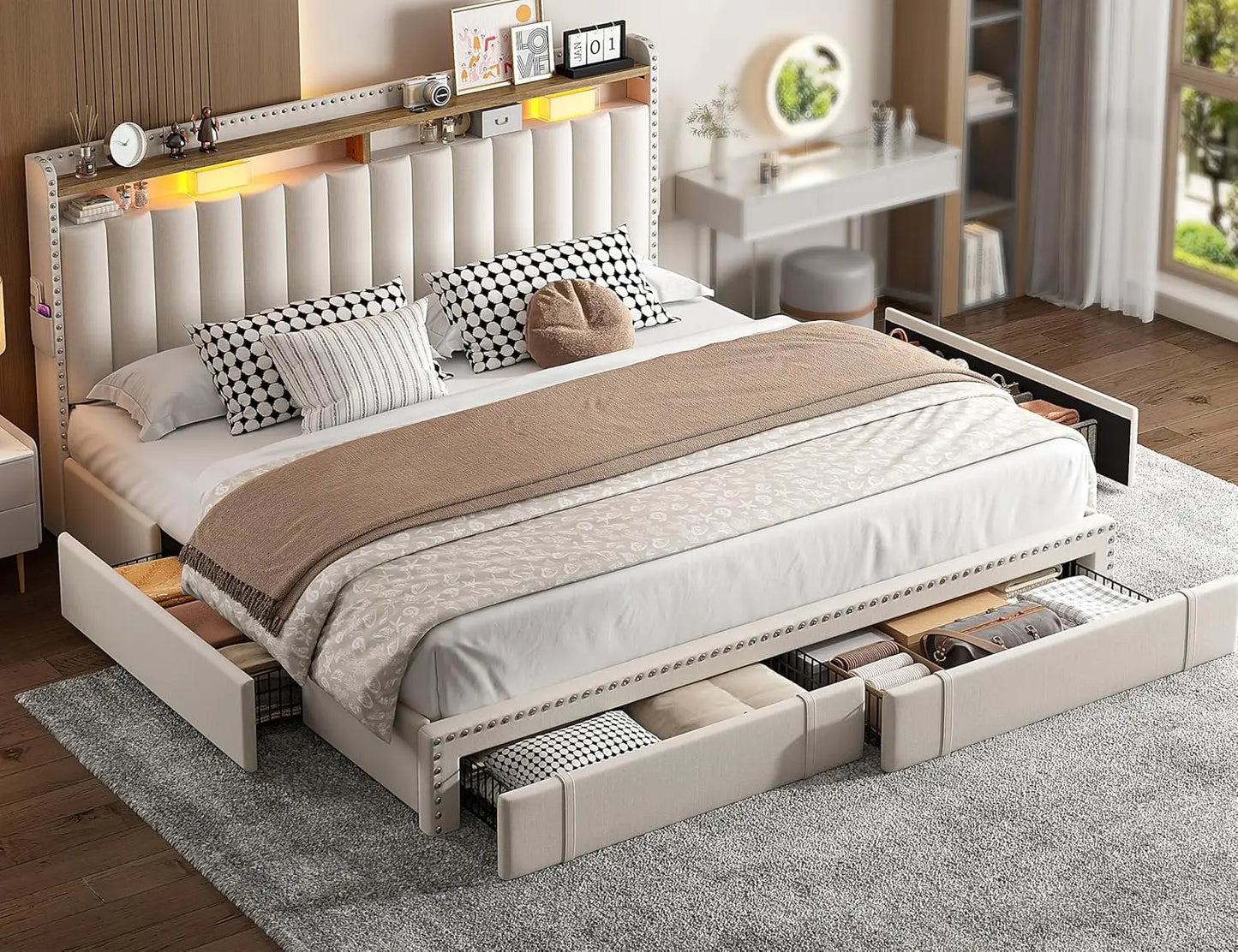 XMSJ Upholstered Bed Frame With Storage Drawers Headboard And Shelves