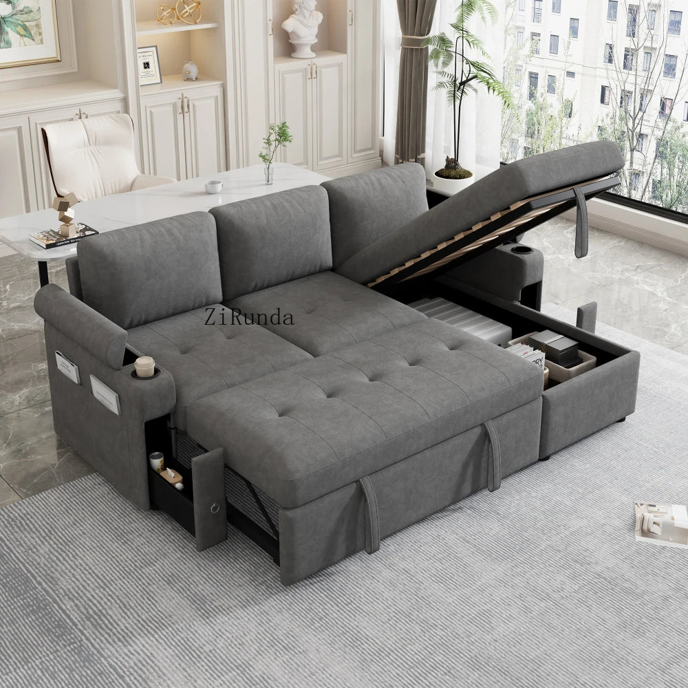 L Shaped Convertible Sofa Bed With Storage And USB Ports