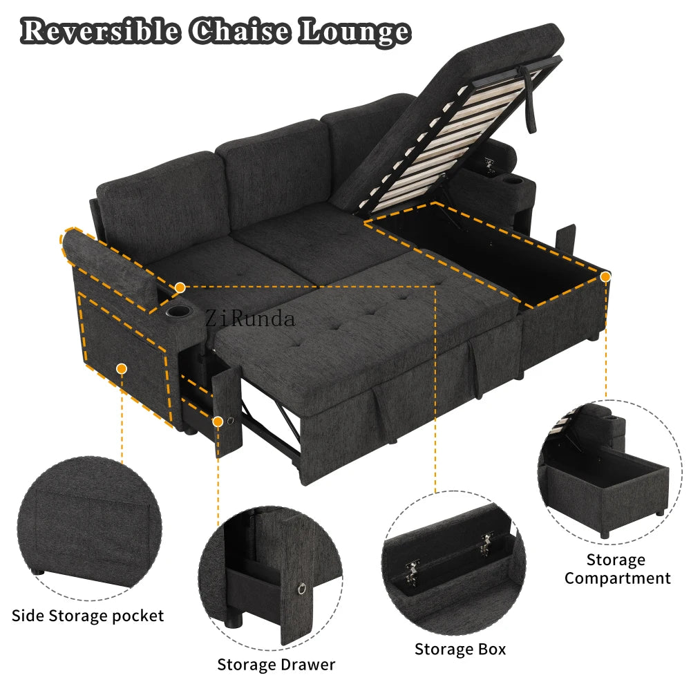 L Shaped Convertible Sofa Bed With Storage And USB Ports