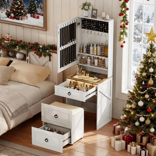 LED Vanity Desk With Lighted Mirror Charging And Jewelry Storage