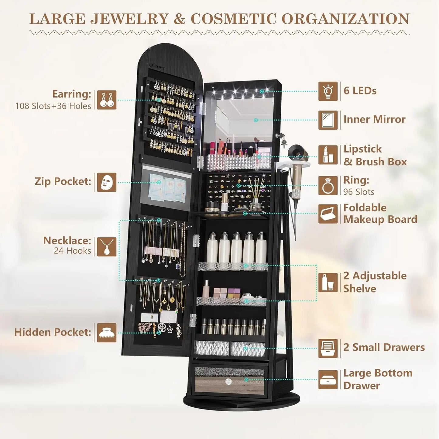 XMSJ 360 Degree Swivel Arched Jewelry Mirror Cabinet With LEDs