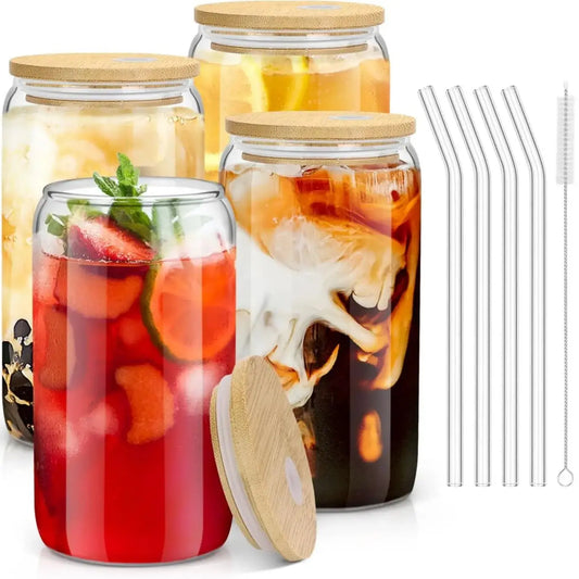 Drinkware 4 Piece Glass Set With Bamboo Lids And Glass Straws