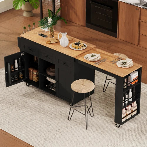 Extendable Kitchen Island With Dining Table And Shelves