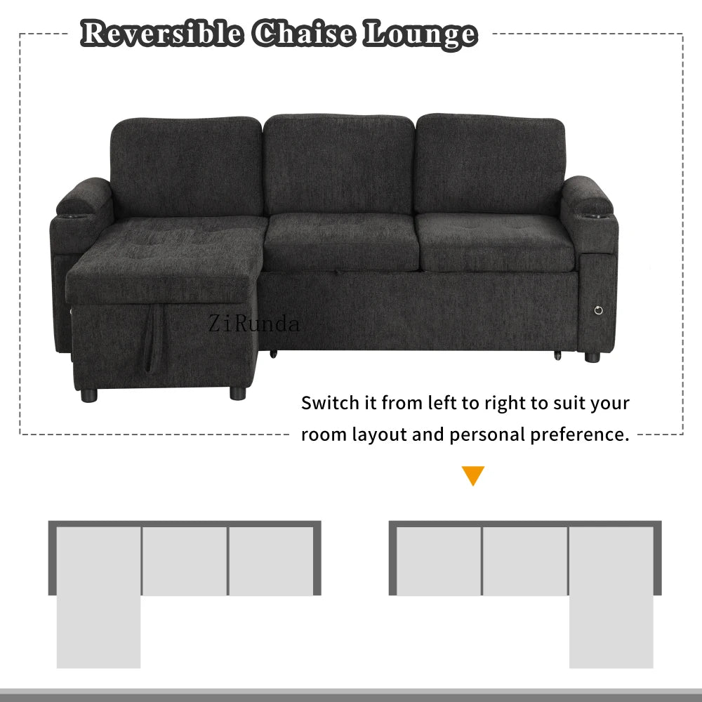 L Shaped Convertible Sofa Bed With Storage And USB Ports