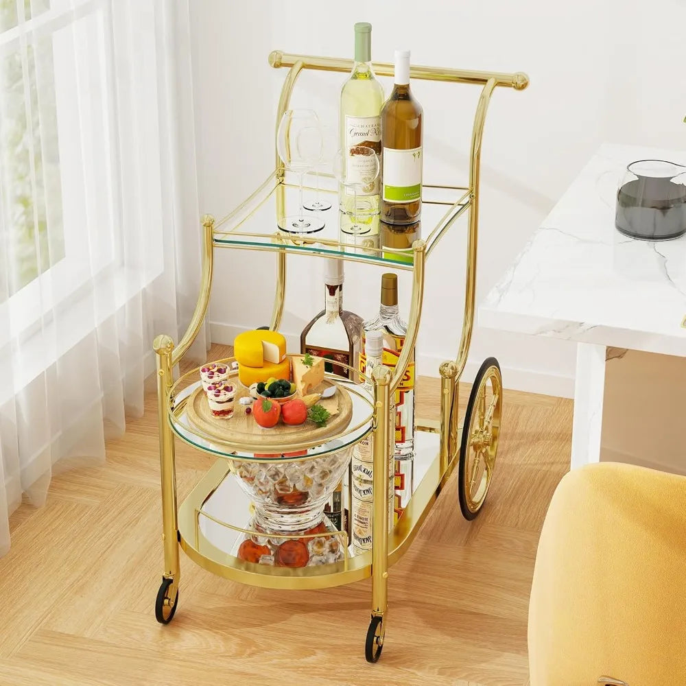 3-Tier Rolling Bar Cart With Mirrored Shelves And Wheels