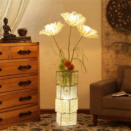 Modern Rattan Floor Lamp Dimmable LED Night Light For Living