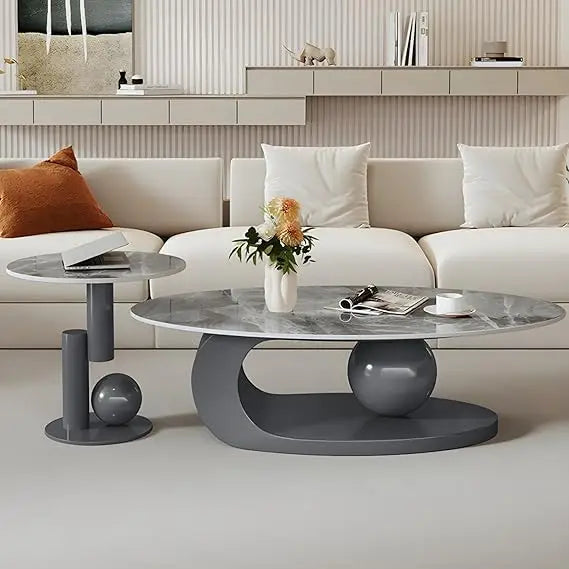 XMSJ Modern Stone Coffee Table With Abstract Metal Base