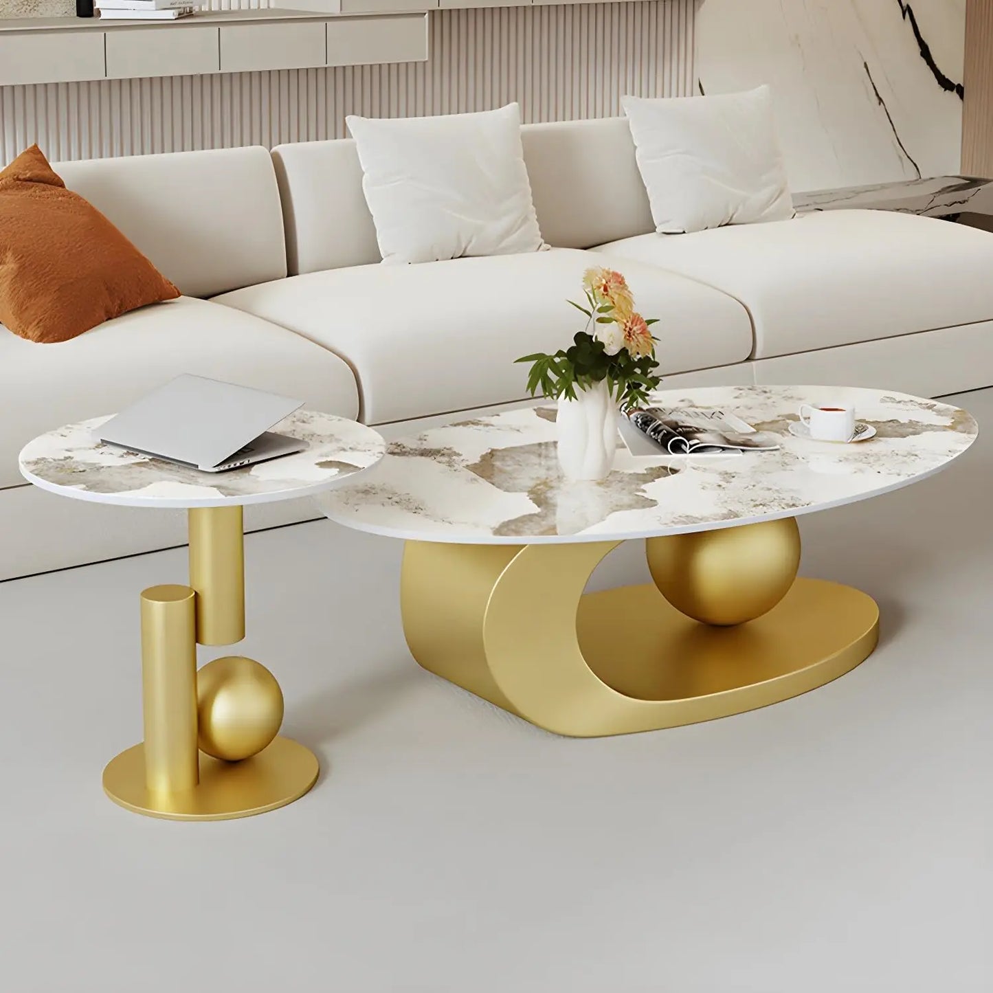 XMSJ Modern Stone Coffee Table With Abstract Metal Base