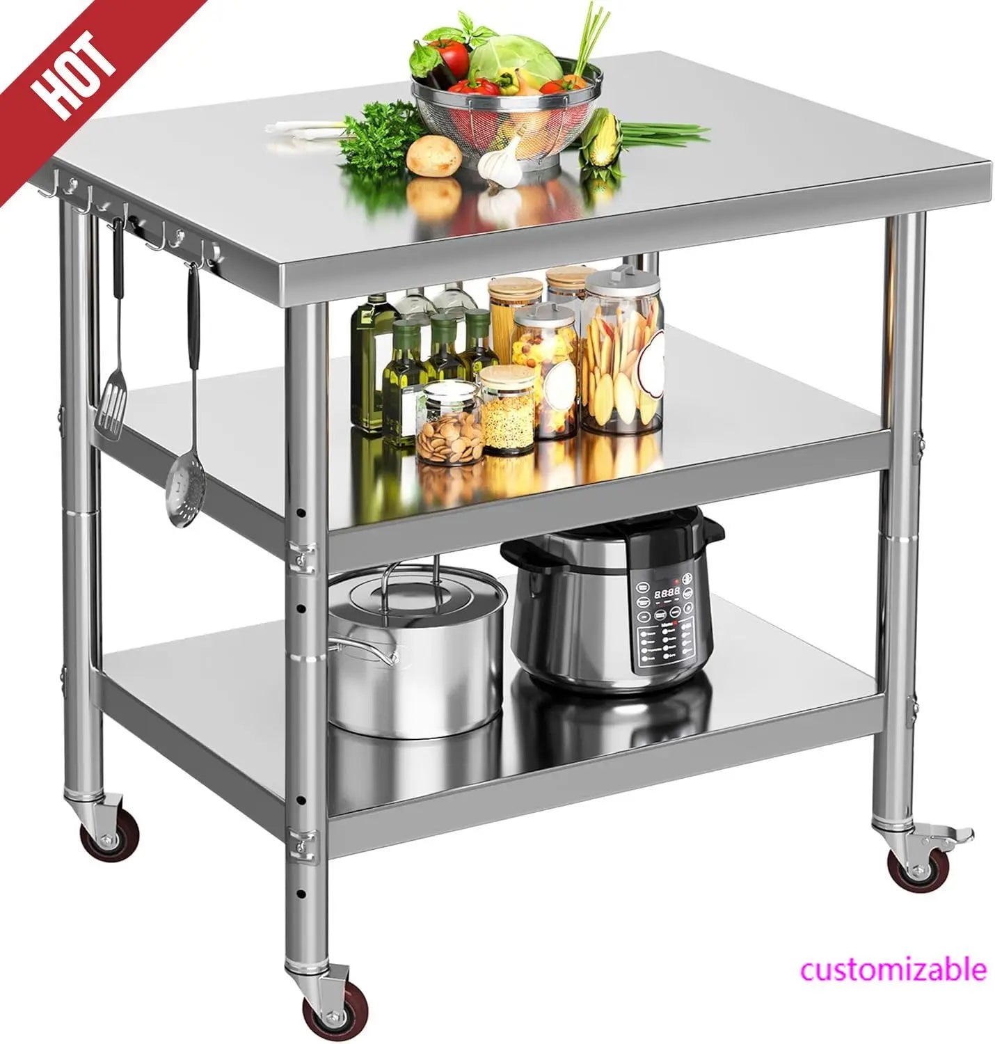 XMSJ NSF Stainless Steel Table With Wheels Three Shelf Workbench