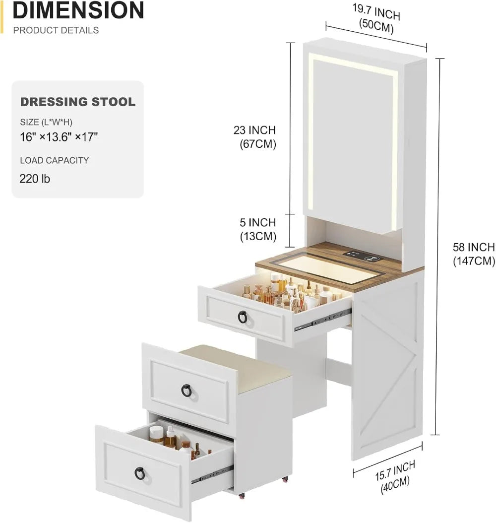 LED Vanity Desk With Lighted Mirror Charging And Jewelry Storage