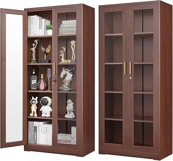 XMSJ Metal Display Cabinet With Glass Doors Curio Lockable Shelves