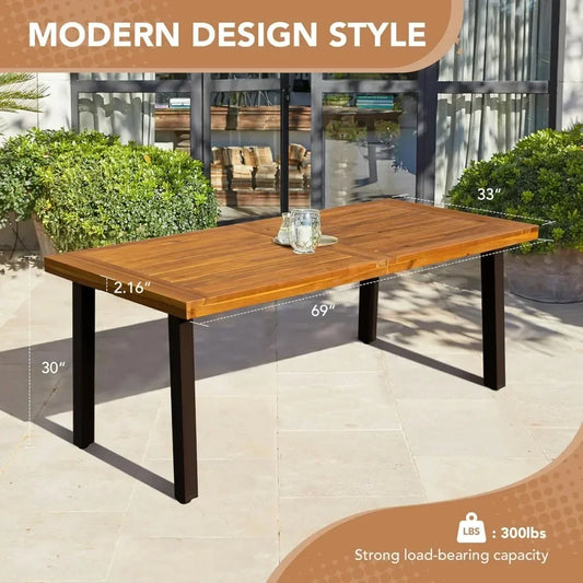 XMSJ Acacia Wood Dining Table Indoor Outdoor With Iron Legs