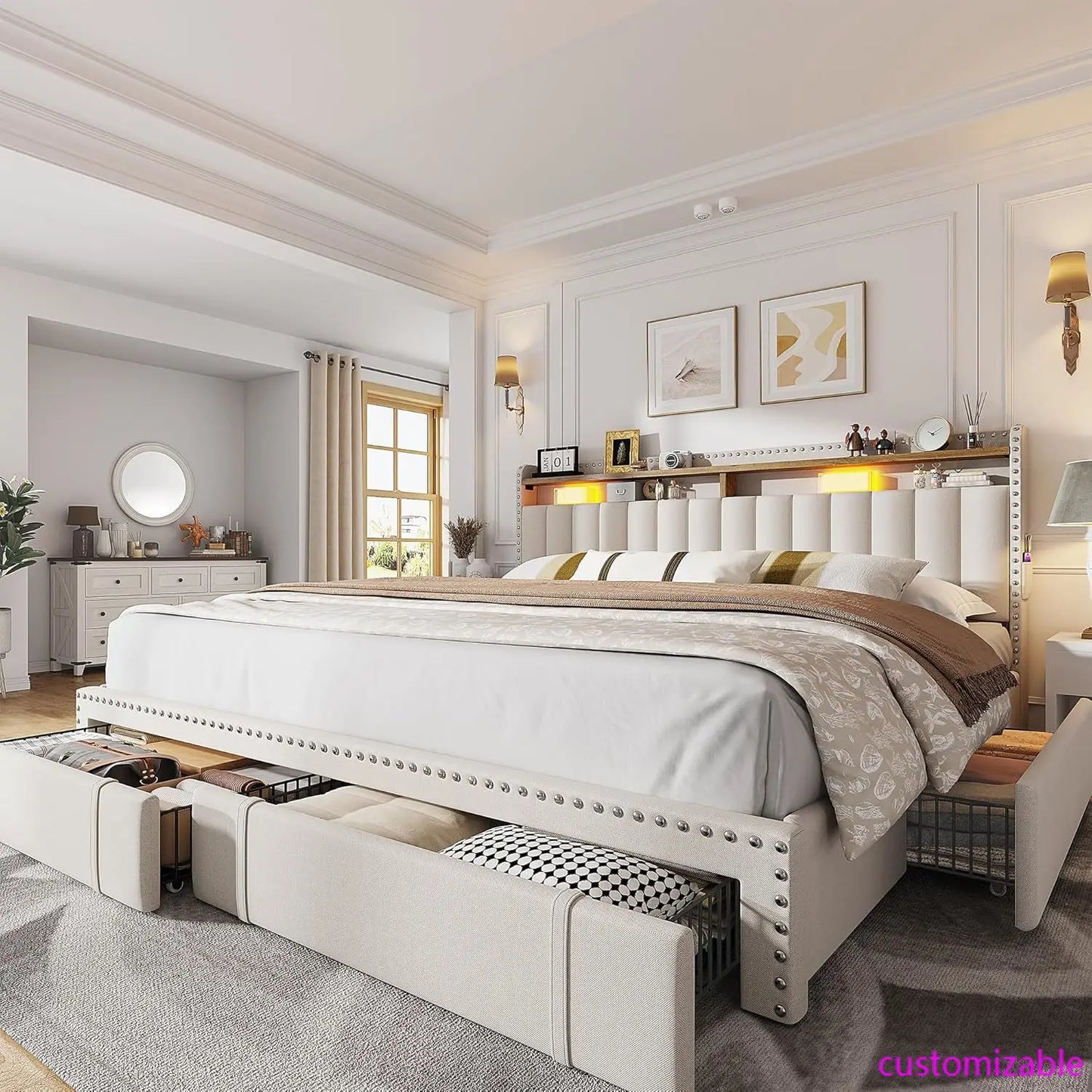 XMSJ Upholstered Bed Frame With Storage Drawers Headboard And Shelves