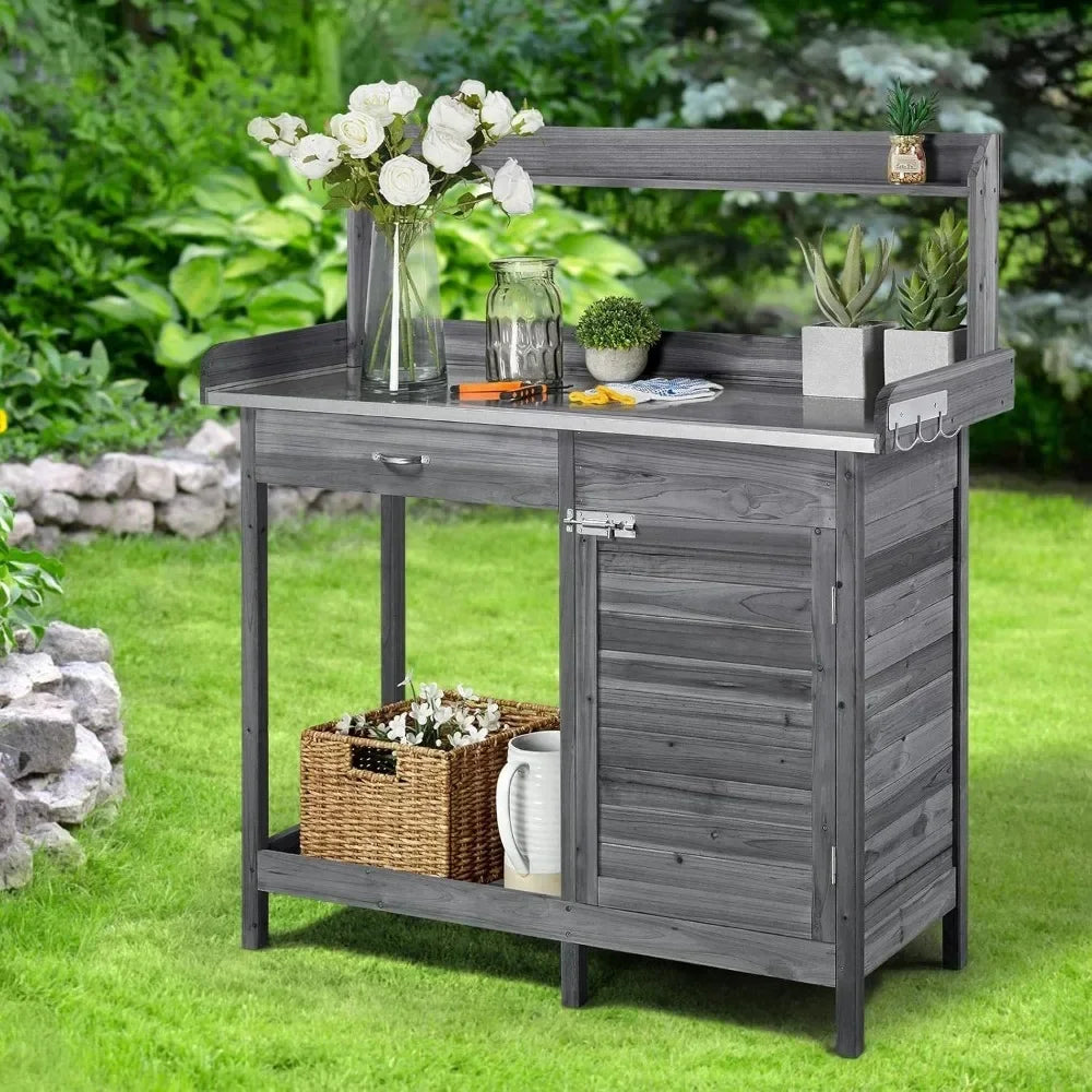 XMSJ Outdoor Potting Bench Table Garden Workstation With Hooks