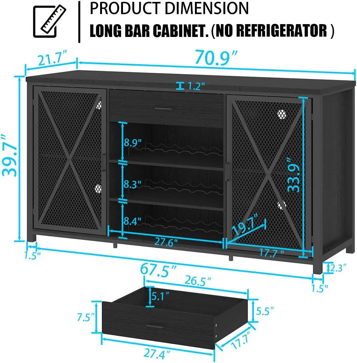 XMSJ Long Coffee Bar Cabinet With Fridge Space And Rack