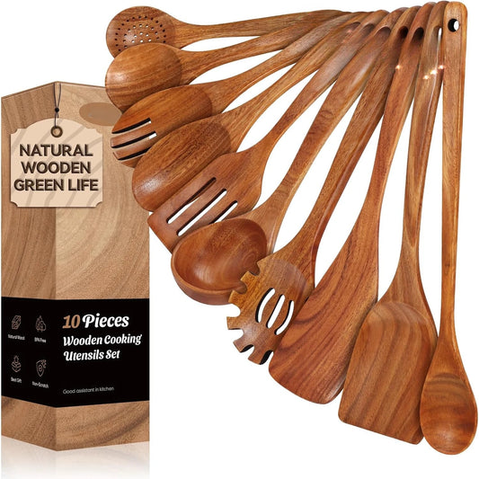 Hign-concerned Teak Wood 10 Piece Utensil Set Non-Scratch Spoons