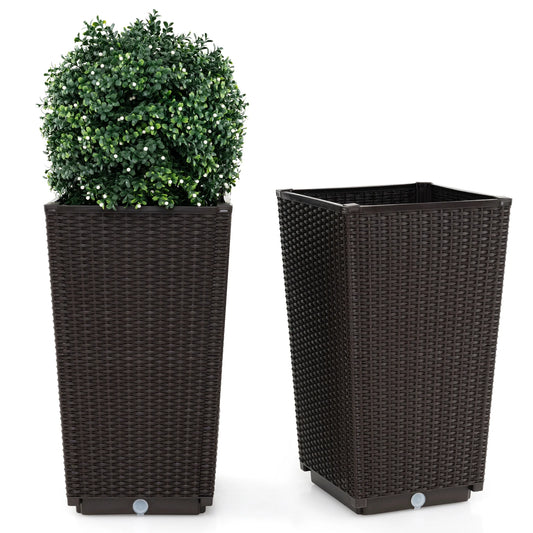LIFEZEAL Tall Rattan Planters Set 2 Self Watering Wicker Pots