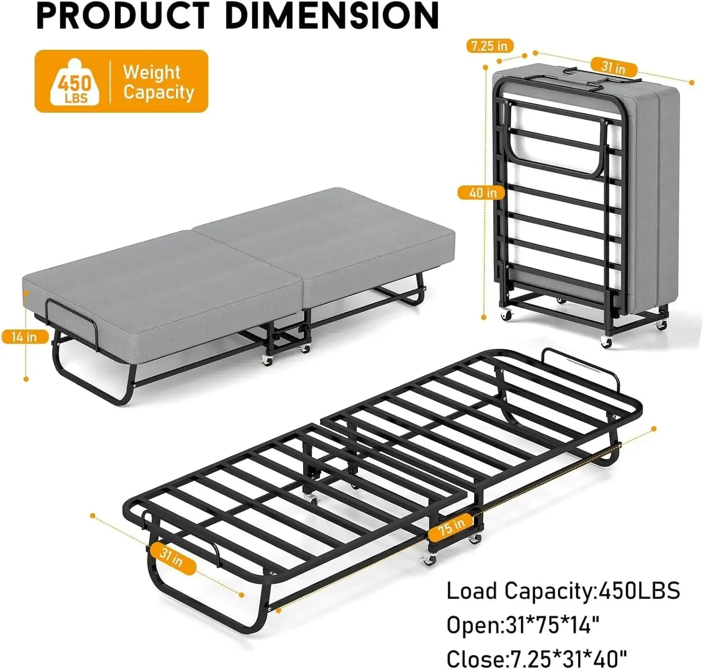 XMSJ Folding Bed With Memory Foam Mattress Portable Rollaway Bed