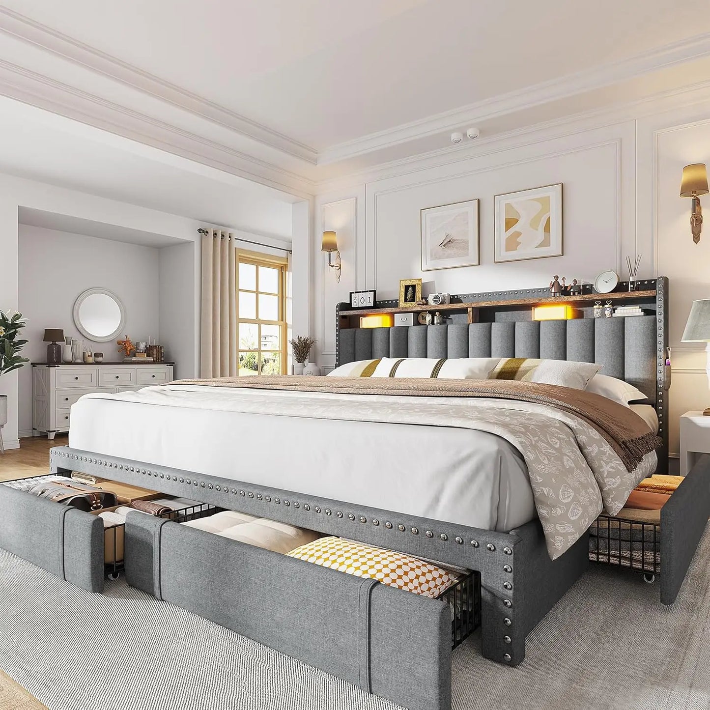 XMSJ Upholstered Bed Frame With Storage Drawers Headboard And Shelves