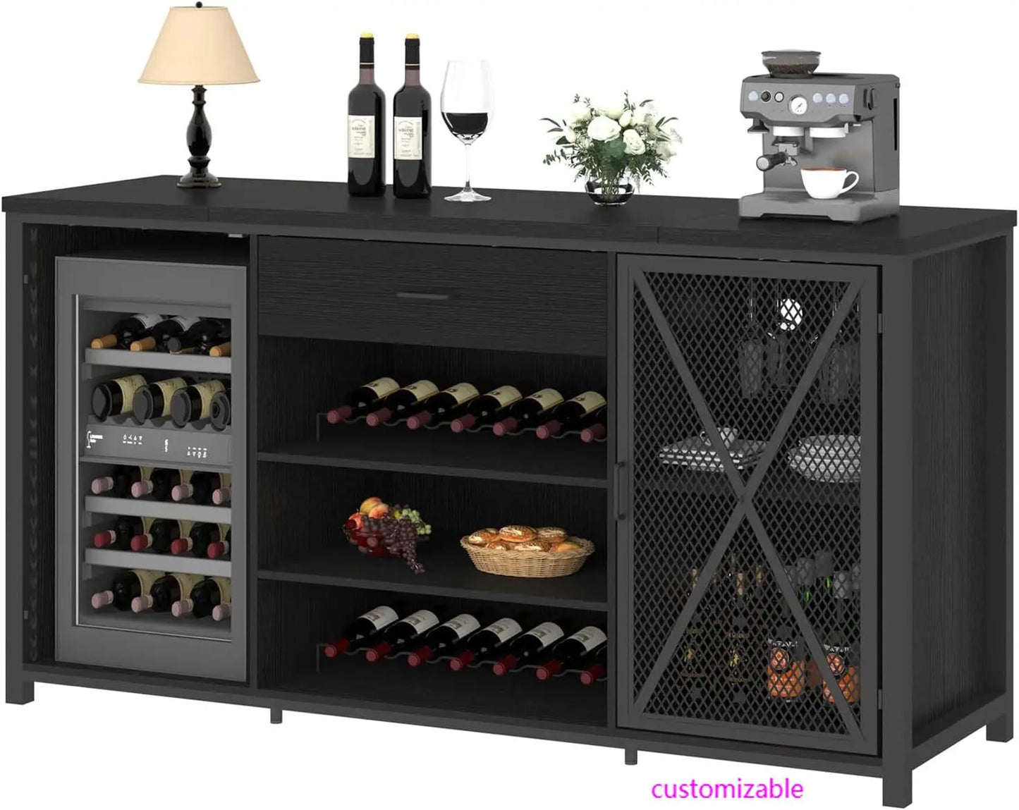 XMSJ Long Coffee Bar Cabinet With Fridge Space And Rack