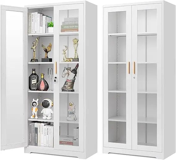 XMSJ Metal Display Cabinet With Glass Doors Curio Lockable Shelves