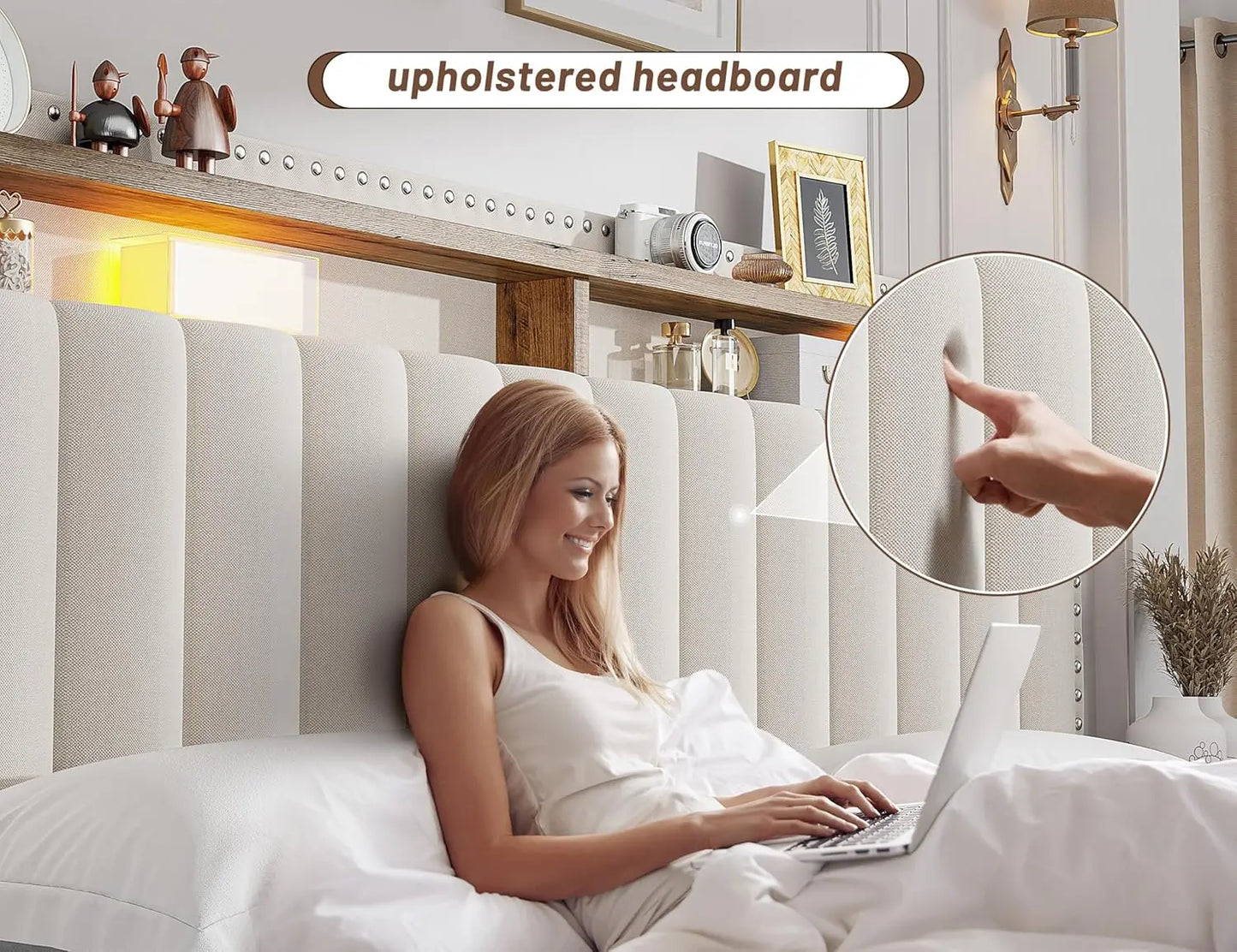 XMSJ Upholstered Bed Frame With Storage Drawers Headboard And Shelves