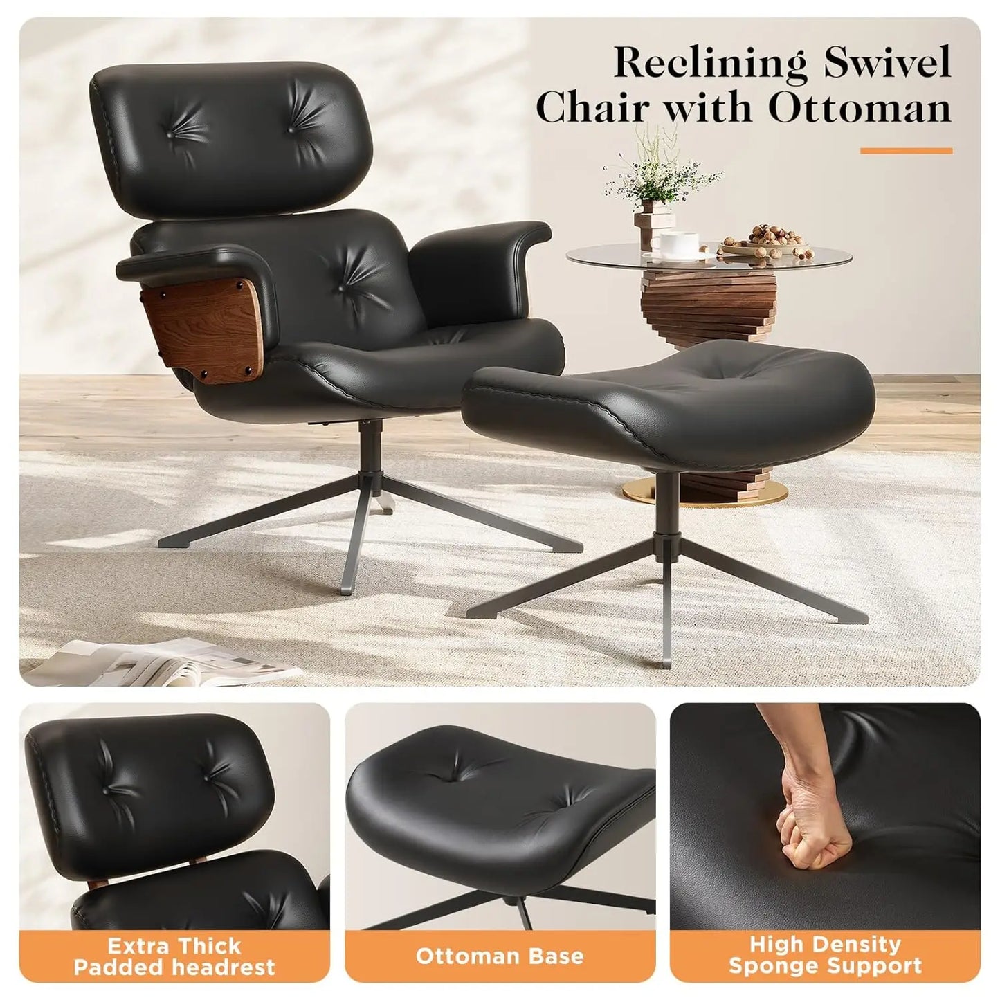 XMSJ Mid Century Reclining Swivel Chair With Ottoman Walnut Wood Base