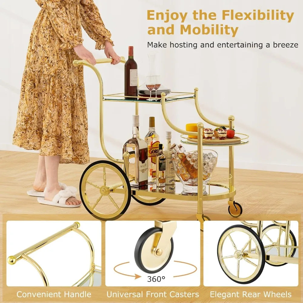 3-Tier Rolling Bar Cart With Mirrored Shelves And Wheels