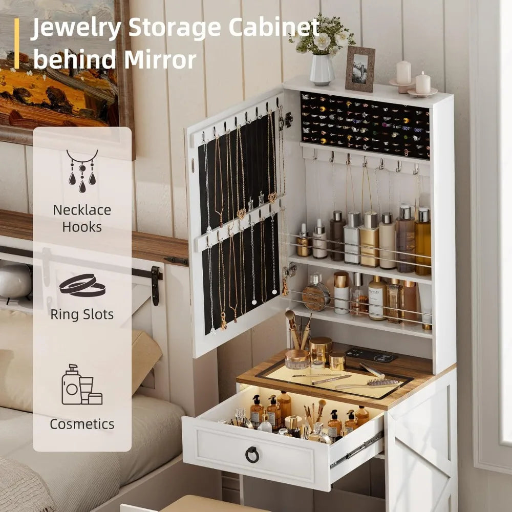 LED Vanity Desk With Lighted Mirror Charging And Jewelry Storage