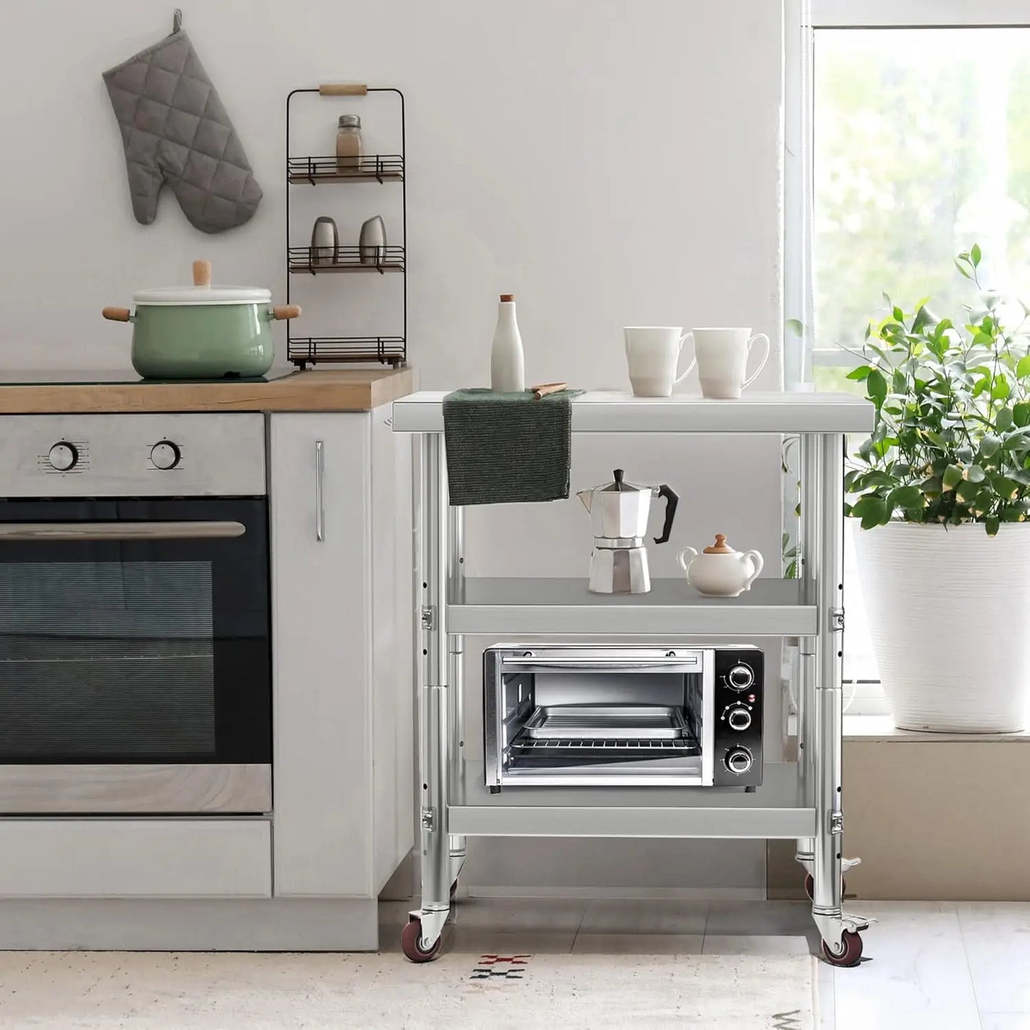 XMSJ NSF Stainless Steel Table With Wheels Three Shelf Workbench