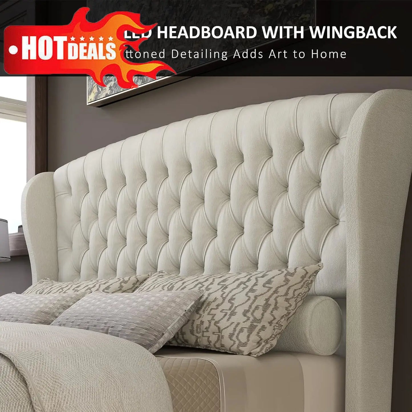 XMSJ Chenille Upholstered Sleigh Bed With Wingback Headboard Footboard