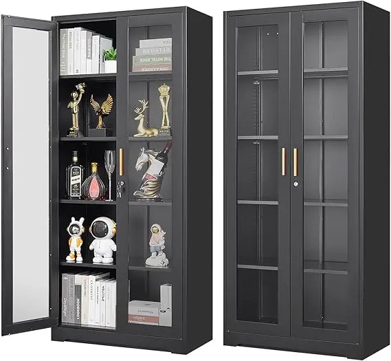 XMSJ Metal Display Cabinet With Glass Doors Curio Lockable Shelves