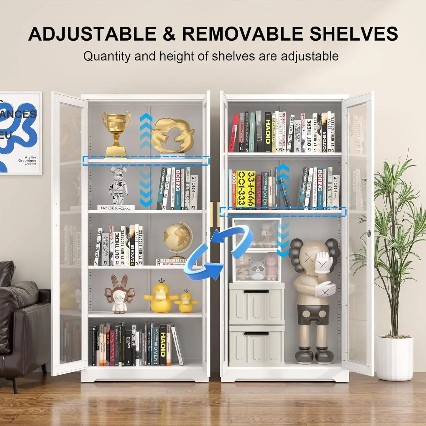 XMSJ Metal Display Cabinet With Glass Doors Curio Lockable Shelves