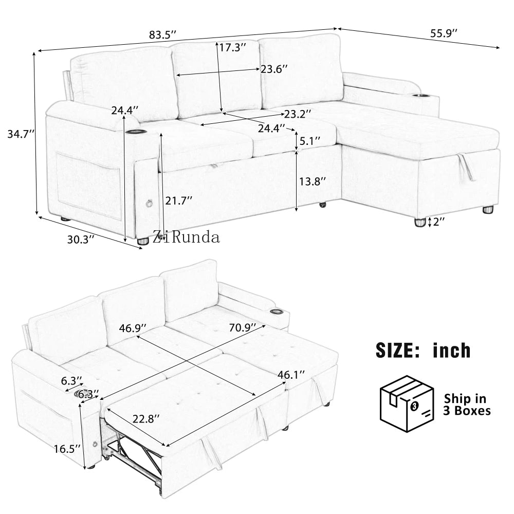 L Shaped Convertible Sofa Bed With Storage And USB Ports