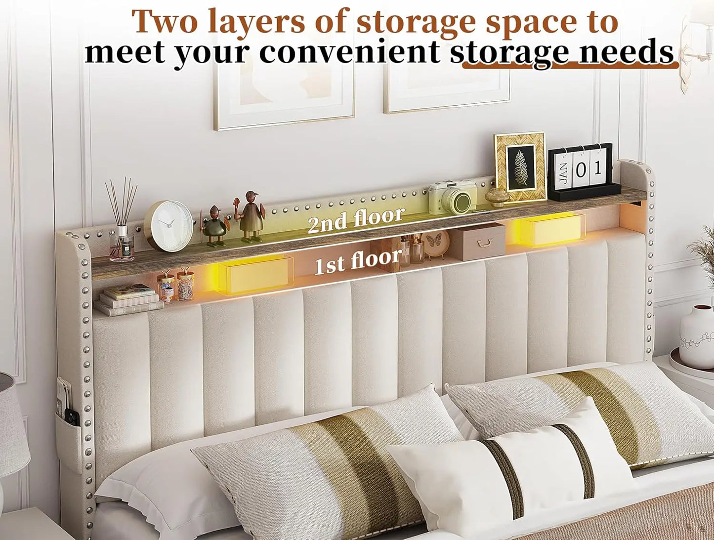 XMSJ Upholstered Bed Frame With Storage Drawers Headboard And Shelves