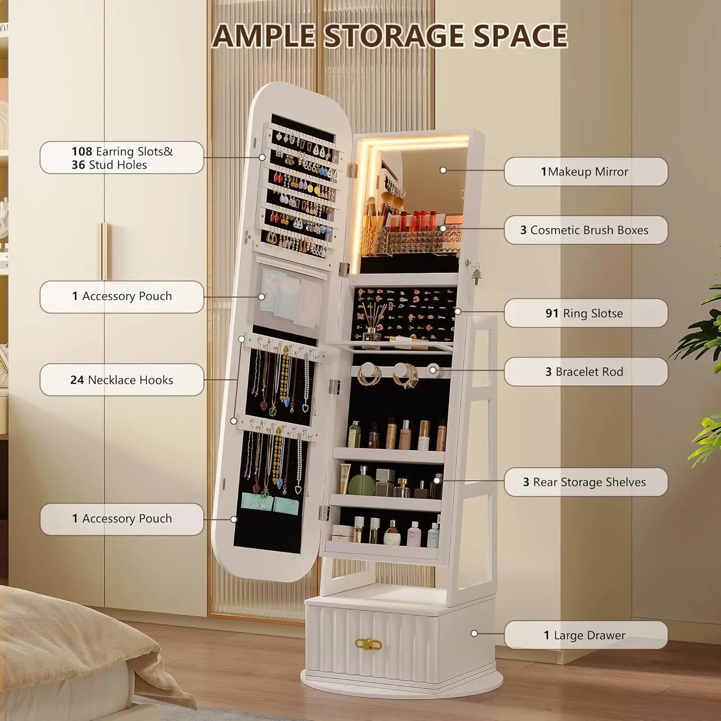 XMSJ 360 Degree Swivel Mirror Jewelry Cabinet Lights