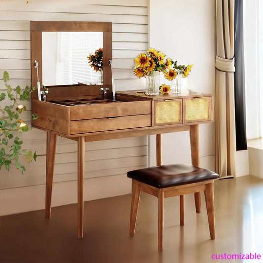 XMSJ Wood Makeup Vanity Desk FlipTop Mirror And Drawers