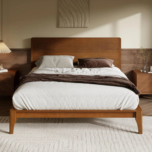 XMSJ Bamboo Platform Bed Mid Century Modern Tall Headboard