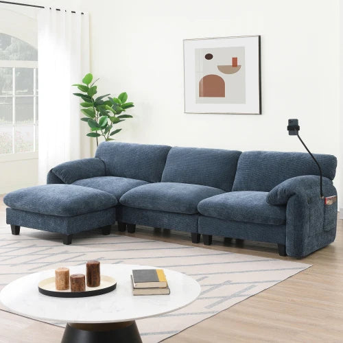 USB Type C Modular L Shaped Chenille Sofa With Pockets