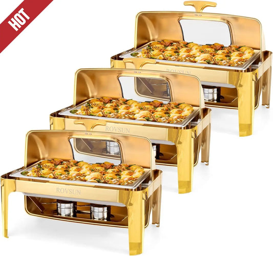 XMSJ Roll Top Chafing Dish Buffet Set 3-Pack NSF-Grade Stainless