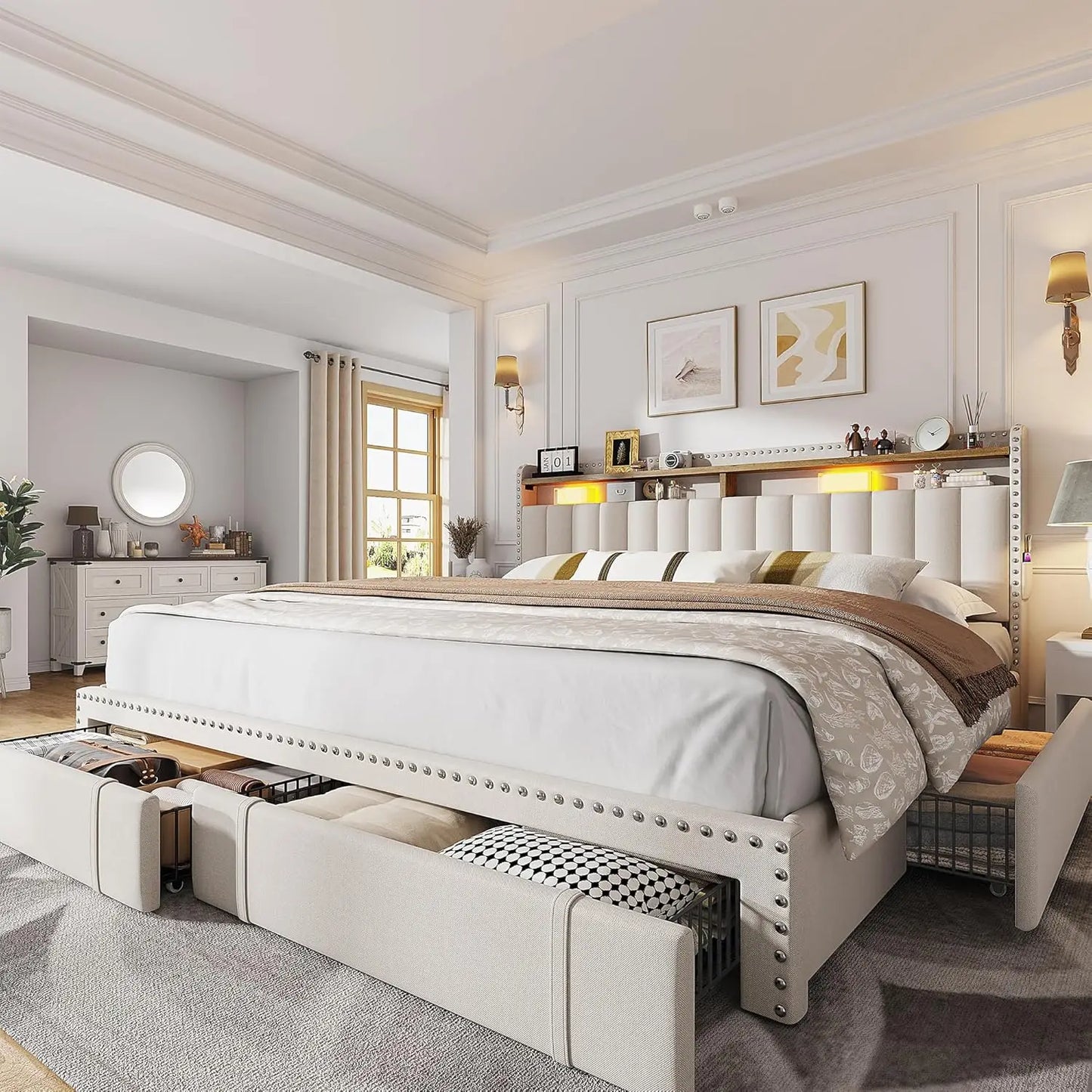 XMSJ Upholstered Bed Frame With Storage Drawers Headboard And Shelves