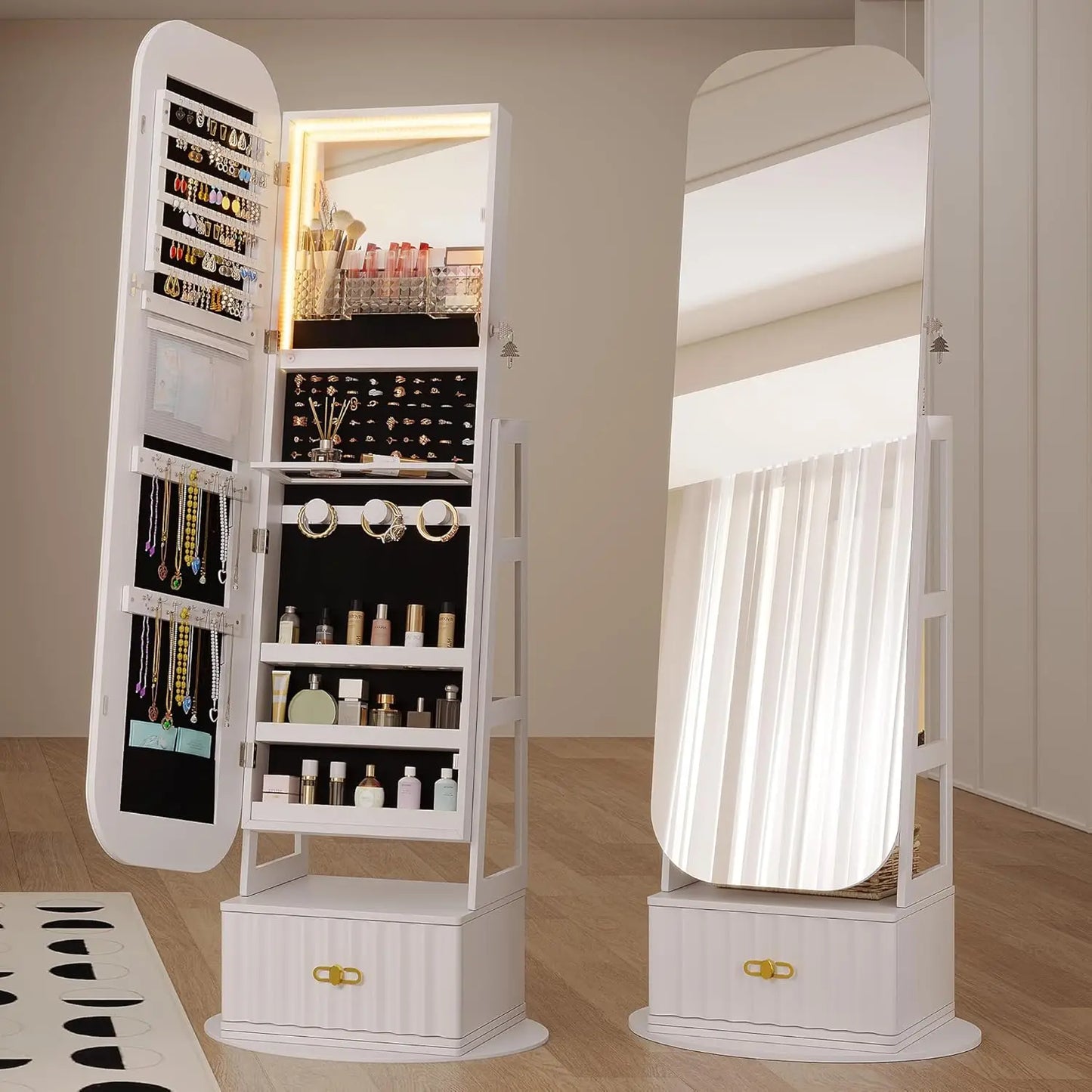 XMSJ 360 Degree Swivel Mirror Jewelry Cabinet Lights