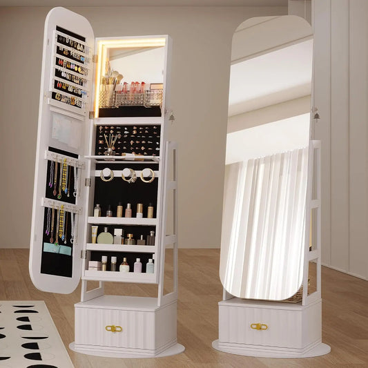 XMSJ 360 Degree Swivel Mirror Jewelry Cabinet Lights