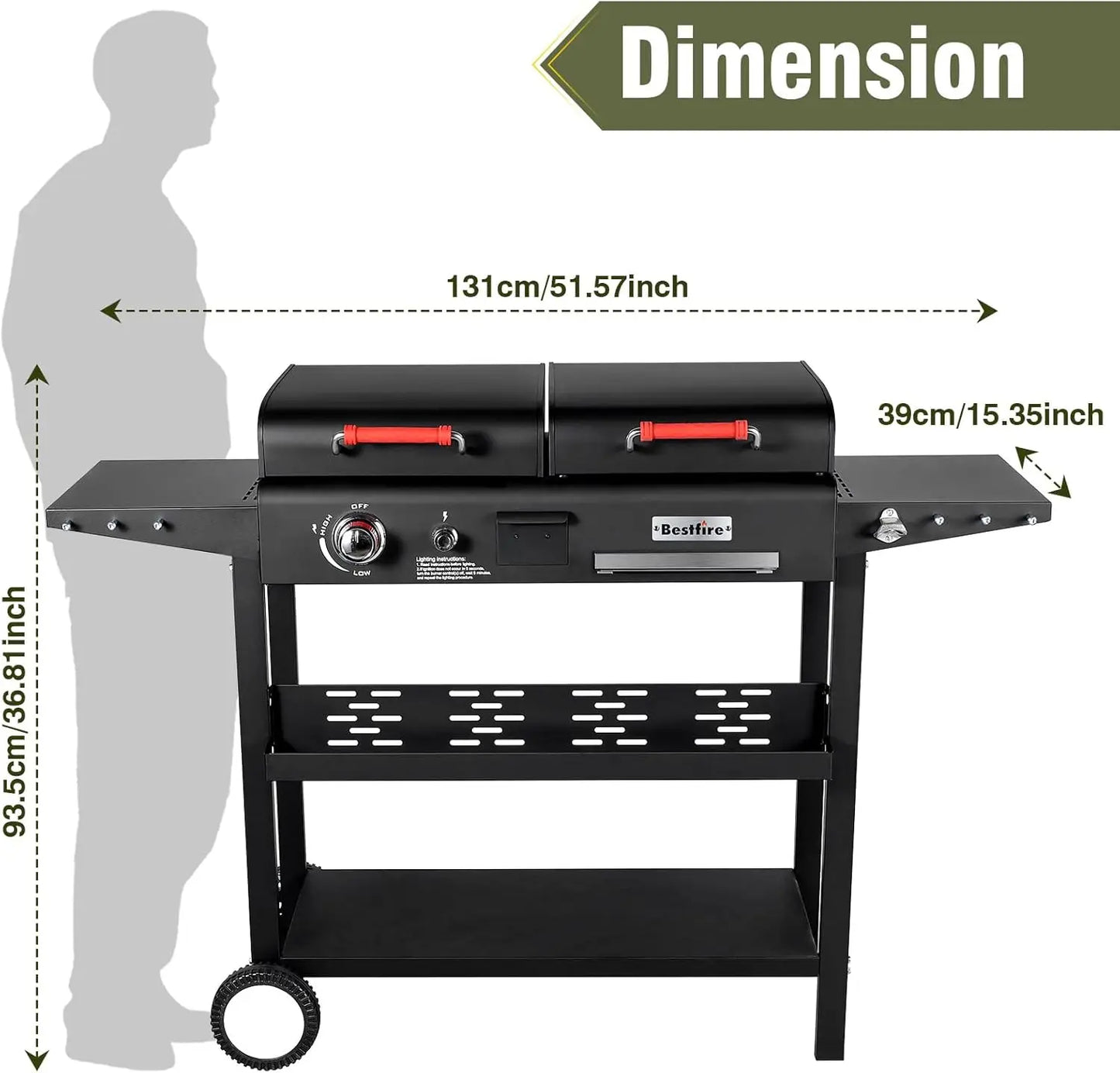 XMSJ Dual Fuel Propane Charcoal Grill Combo With Flat Top