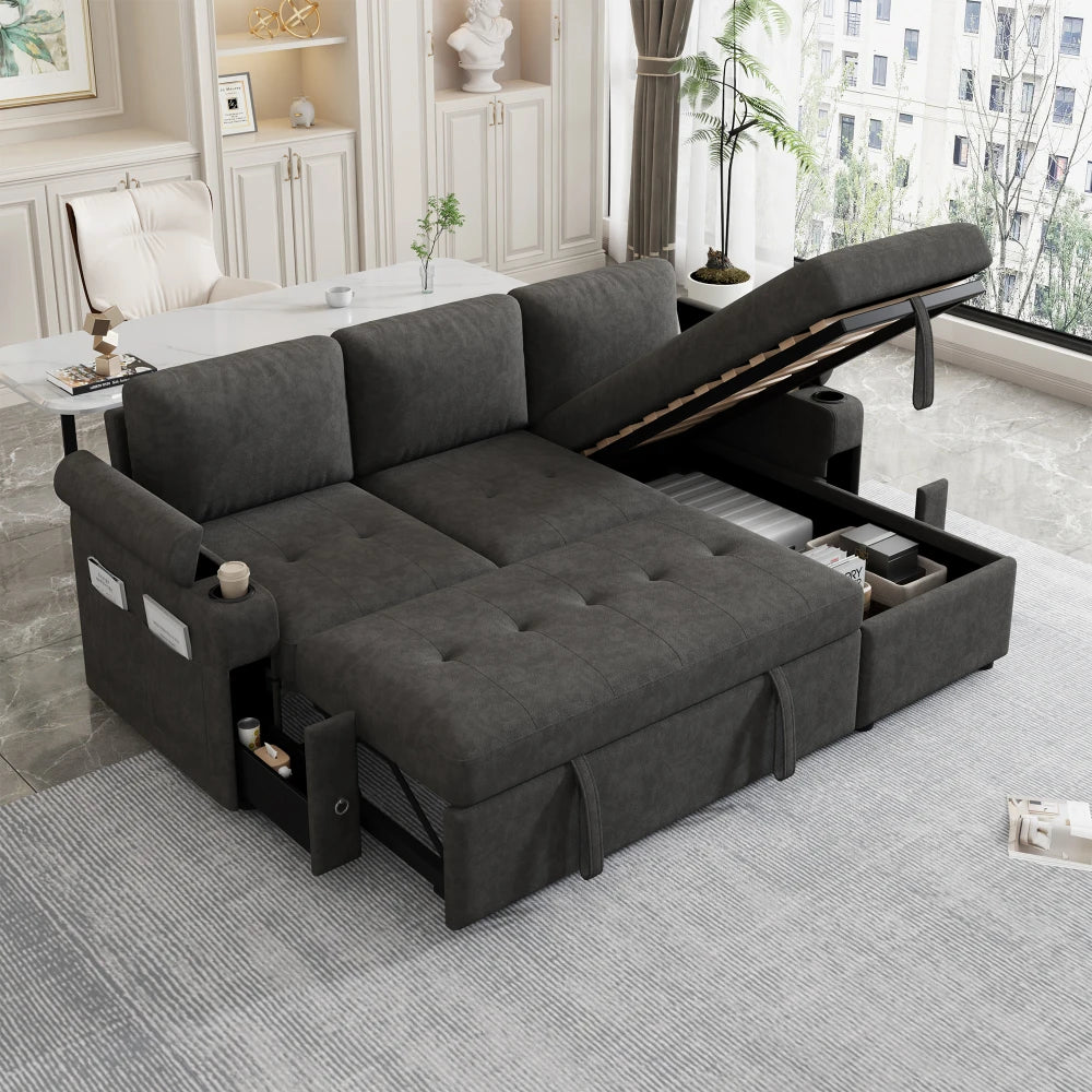 L Shaped Convertible Sofa Bed With Storage And USB Ports