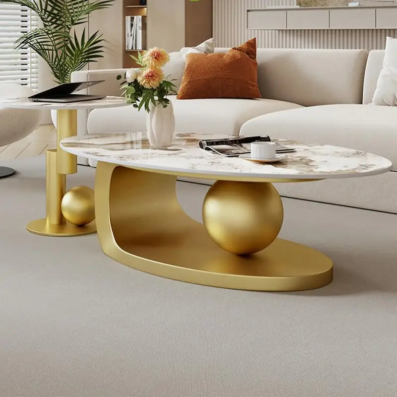 XMSJ Modern Stone Coffee Table With Abstract Metal Base