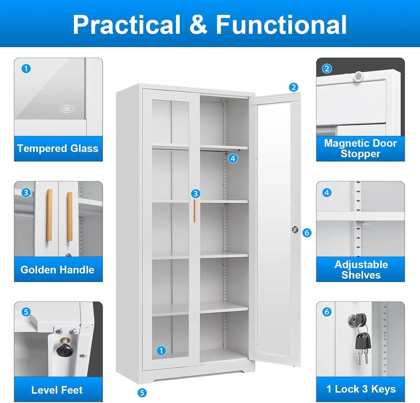 XMSJ Metal Display Cabinet With Glass Doors Curio Lockable Shelves